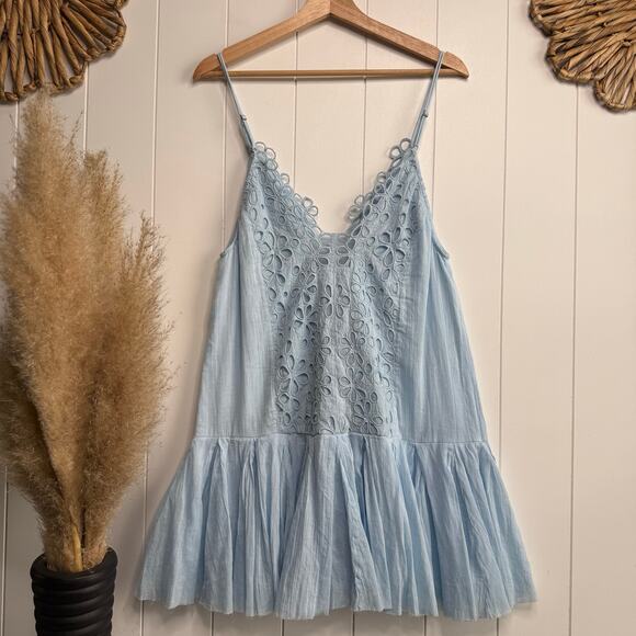 Free People mini dress floral eyelets embroidery sundress pleated boho Large - Picture 5 of 7